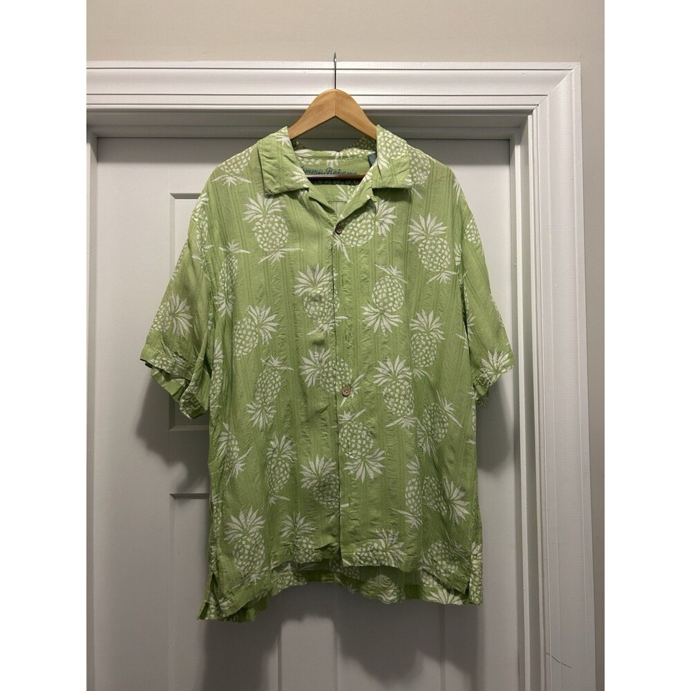TOMMY BAHAMA Relax Aloha Camp Shirt Green Pineapples Embroidery Beach Size XL